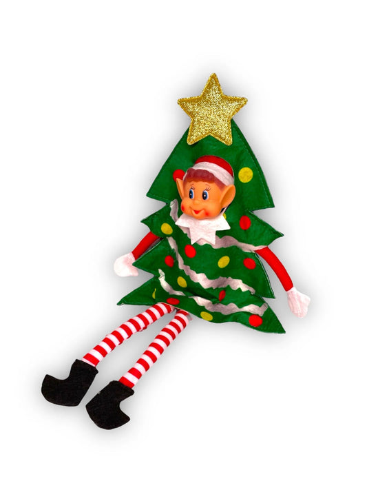 Lutin en peluche déguisé en sapin de Noël vert à guirlande blanche et étoile dorée sur la tête