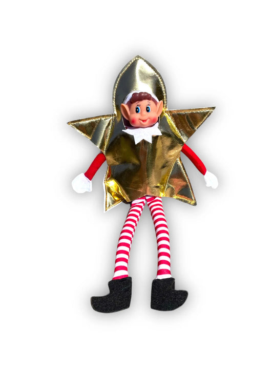 Lutin en costume d'étoile dorée métallisée, capuche pointue et jambes en tissu rayé blanc et rouge