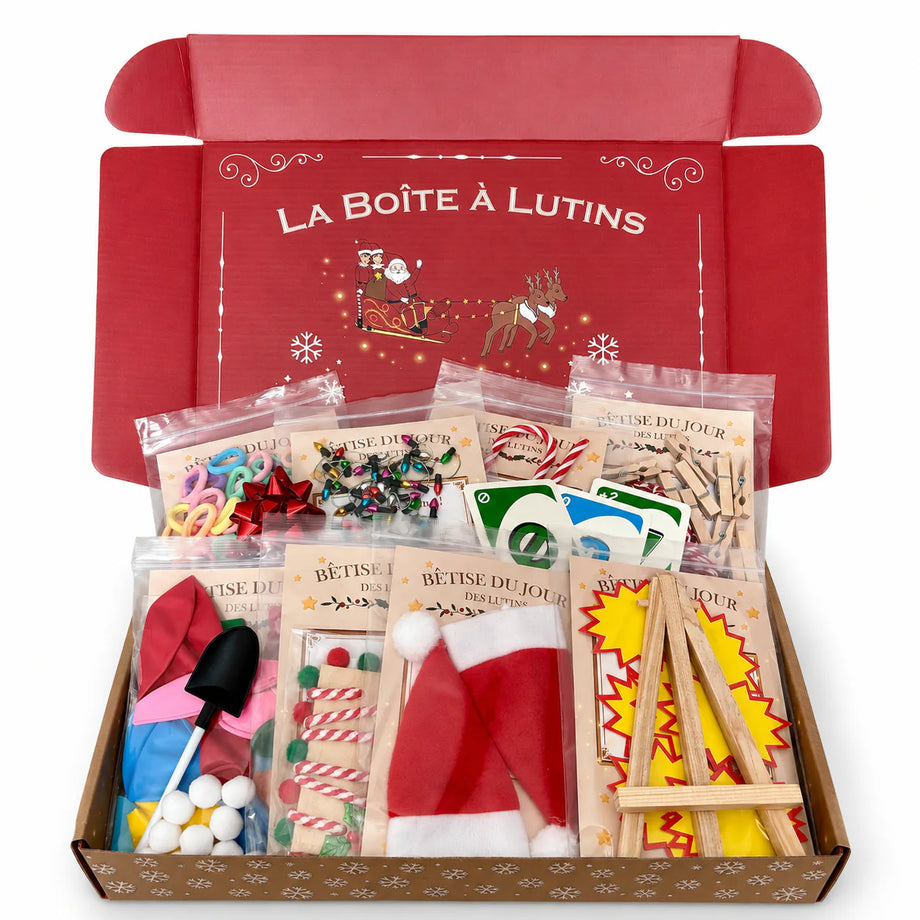 Box complète 24 bêtises Lutin Farceur 2026 ouverte sur fond blanc