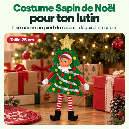 Costume Lutin Farceur Sapin de Noël : Il se cache au pied du sapin… déguisé en sapin.
