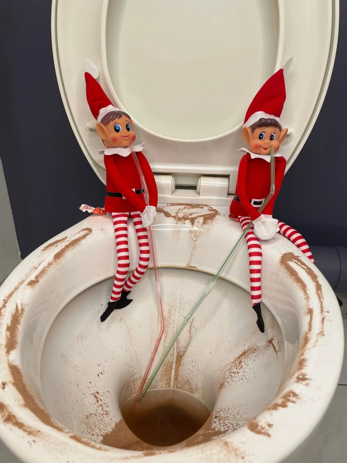Deux lutins farceurs assis sur la cuvette des toilettes maculée de chocolat, une paille chacun plongée dans la cuvette