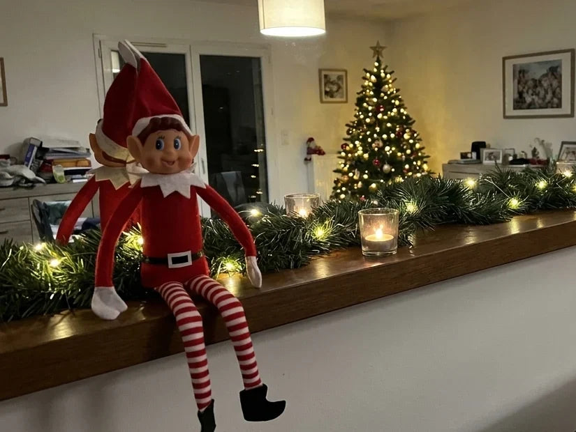 lutin farceur sur l'étagère avec le sapin