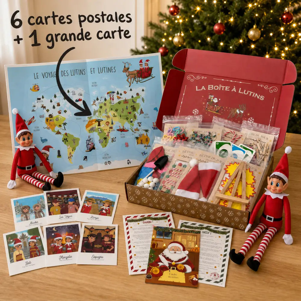 La box 24 bêtises ouverte avec la carte du voyage des lutins et six cartes postales