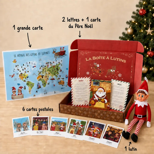 Contenu de la Box Lutin Farceur, grande carte, lettres, cartes postales et lutin