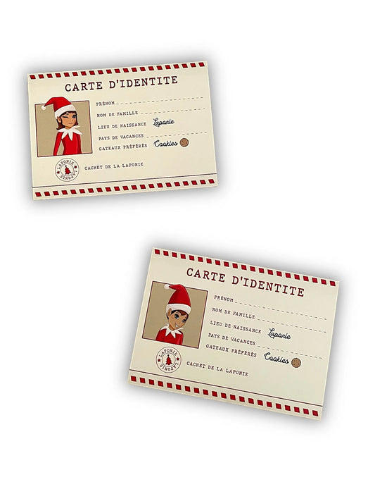Deux cartes d'identité de lutin à remplir : prénom, nom, lieu de naissance Laponie, gâteaux préférés Cookies