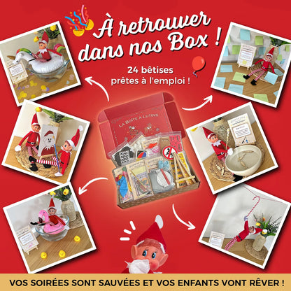 À retrouver dans nos box : 24 bêtises prêtes à l'emploi, six photos de lutins autour du coffret ouvert