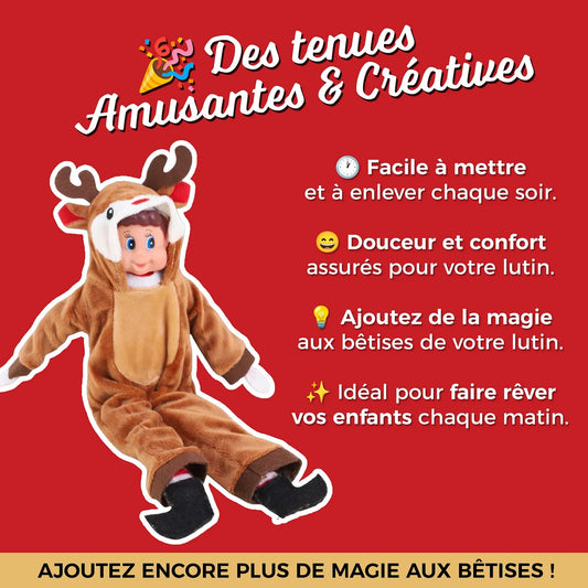 Lutin habillé en renne, tenue amusante facile à mettre et à enlever chaque soir, douce et confortable