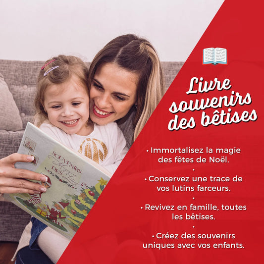 Une mère et sa fille feuillettent le livre Souvenirs magiques des lutins, serrées sur le canapé