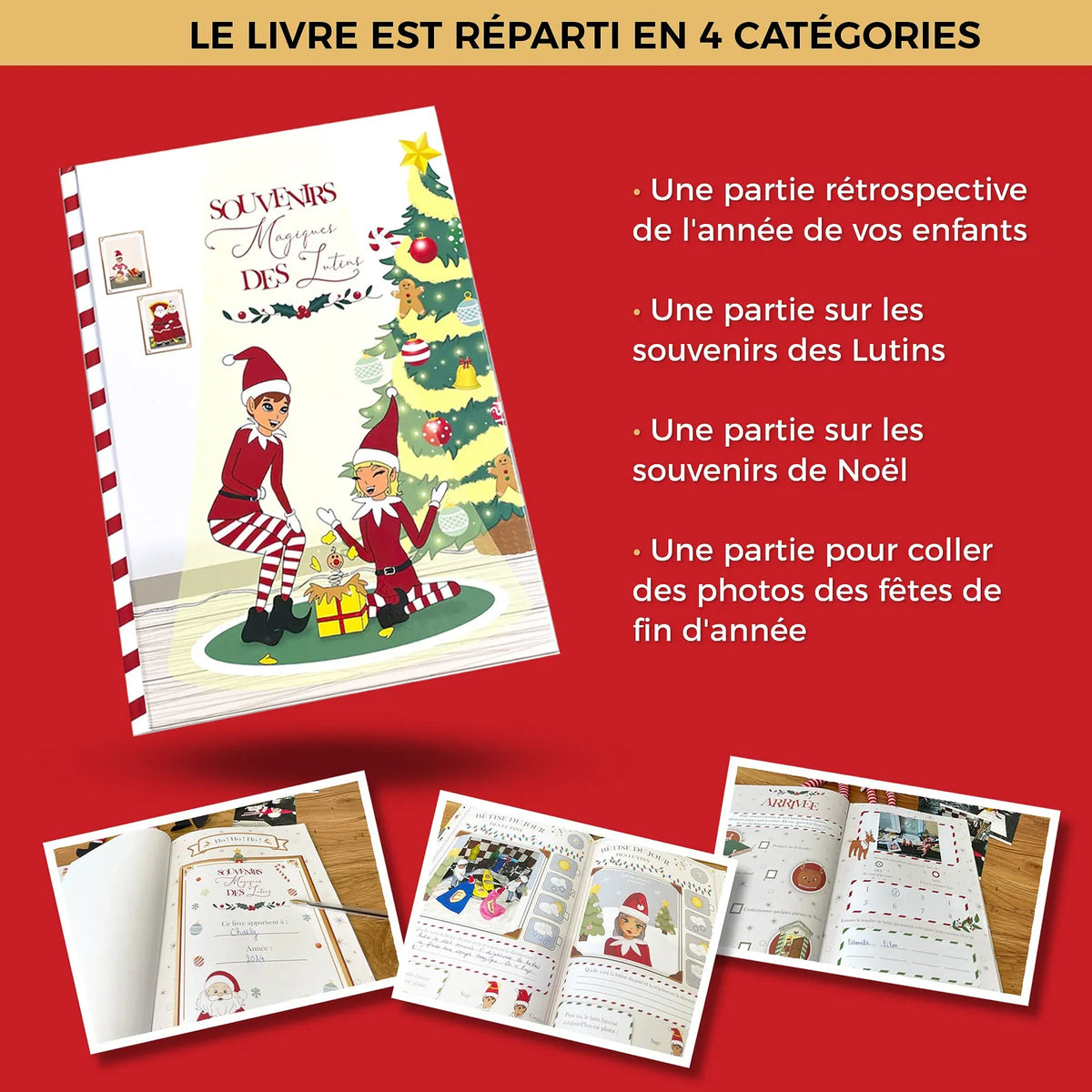 Le livre réparti en 4 catégories : rétrospective de l'année, souvenirs des lutins, de Noël et pages photos