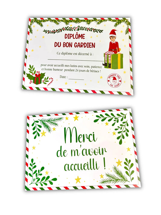 Recto et verso du diplôme du bon gardien, avec au dos le message Merci de m'avoir accueilli