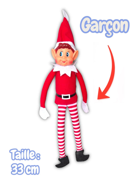 Lutin garçon en peluche, bonnet rouge et jambes rayées, avec la mention Taille : 33 cm