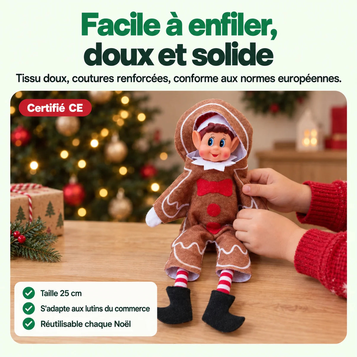 Costume Lutin Farceur Pain d'Épices : Facile à enfiler, doux et solide