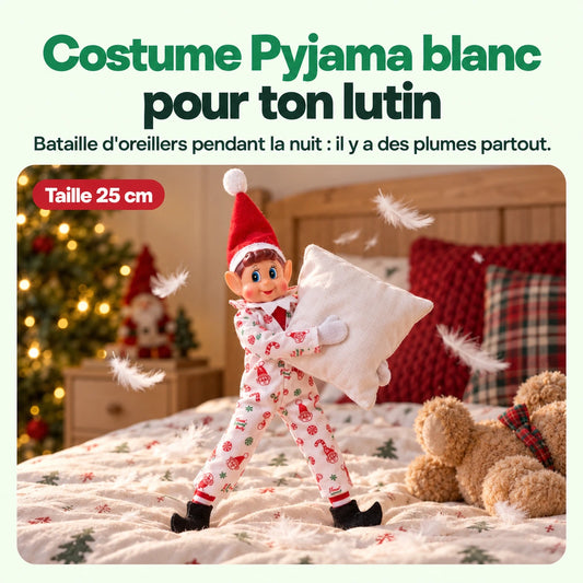 Costume Lutin Farceur Pyjama Blanc : Bataille d'oreillers pendant la nuit : il y a des plumes partout.