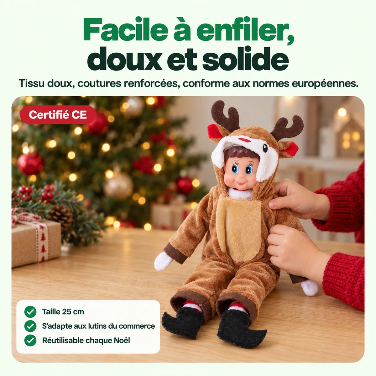 Costume Lutin Farceur Renne de Noël : Facile à enfiler, doux et solide