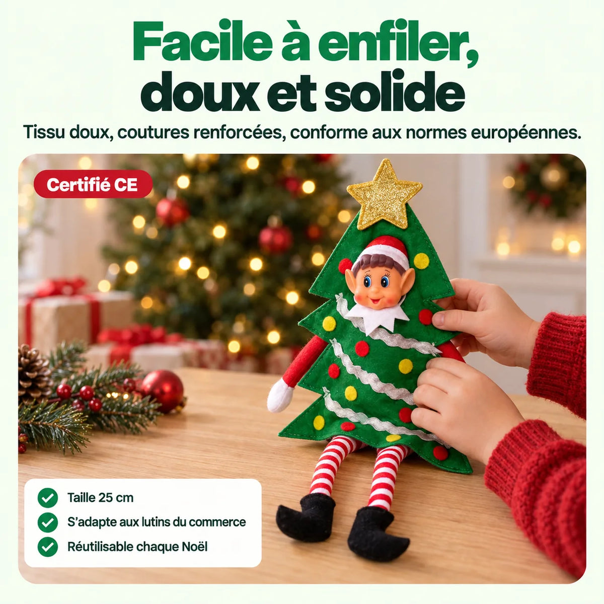 Costume Lutin Farceur Sapin de Noël : Facile à enfiler, doux et solide