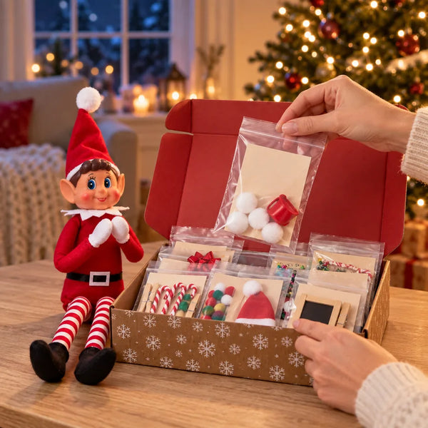 Une main sort le sachet du soir de la box, le lutin farceur à côté