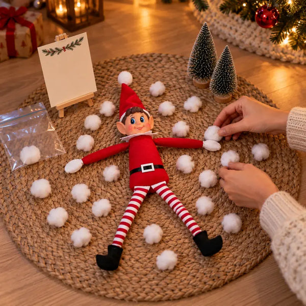 Des mains installent la bêtise du soir, le lutin allongé dans des boules de coton, la fiche posée à côté