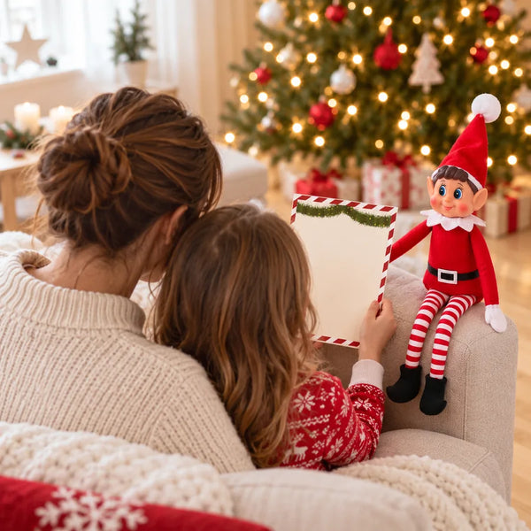 Un parent et son enfant lisent ensemble le papier du lutin sur le canapé