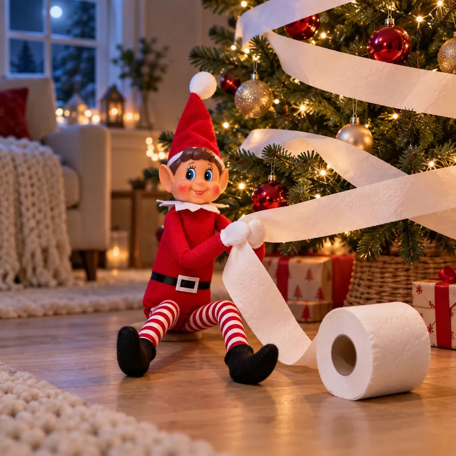 Le lutin farceur pris en pleine bêtise la nuit, du papier toilette enroulé autour du sapin